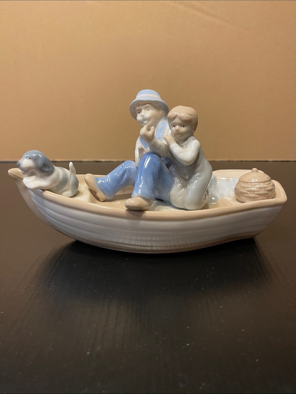 Porcelain Figurine of Children and Dog in Boat - Blue and Cream